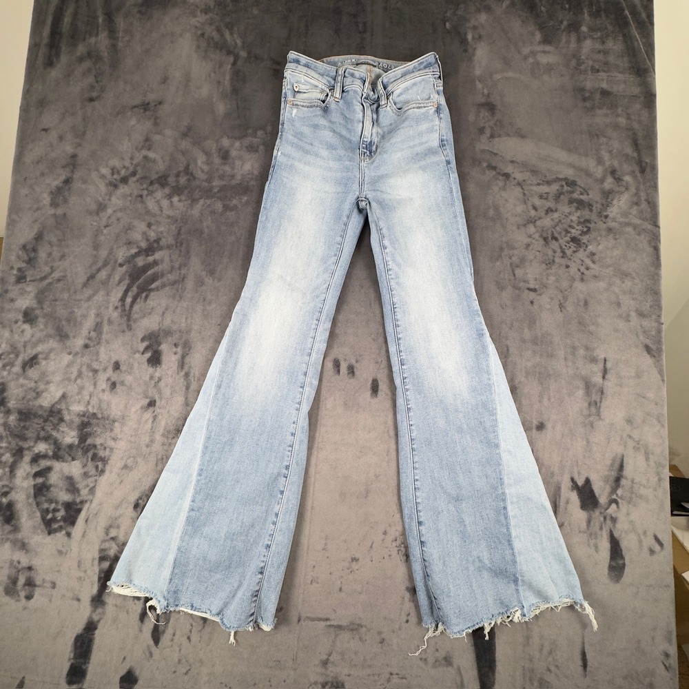 American Eagle Festival Flare Jeans Womens 0 Light Wash Two Tone Raw Hem Stretch